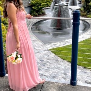 Long mesh bridesmaid dress with lace-up back from David’s Bridal (style# F20370)